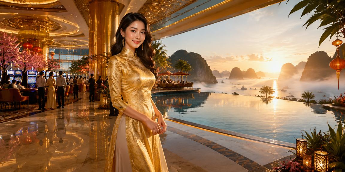 Người mặc áo dài đặt cược trực tuyến với phong cảnh Vịnh Hạ Long