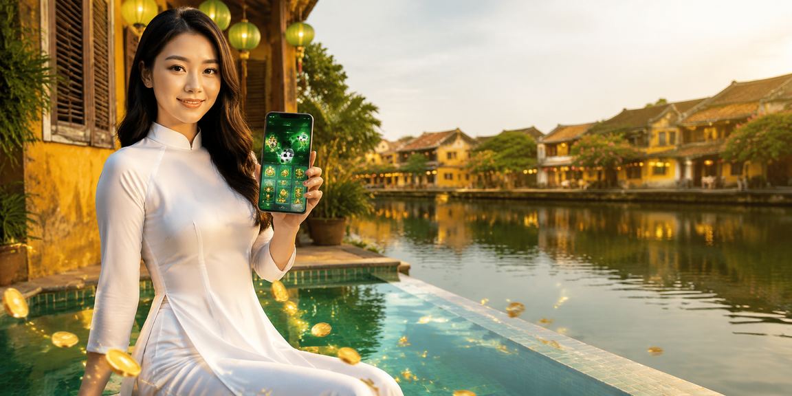 Người dùng tại Hội An truy cập ứng dụng casino trên điện thoại với trang phục áo dài